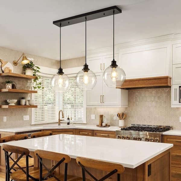 Island Pendant Light with Linear Matte Black Frame and Three Globes