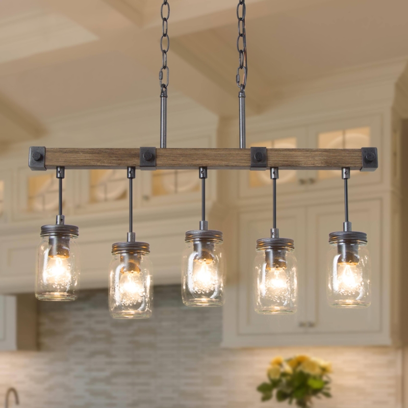 Island Pendant Linear Wood Frame Seeded Glass Island Chandelier