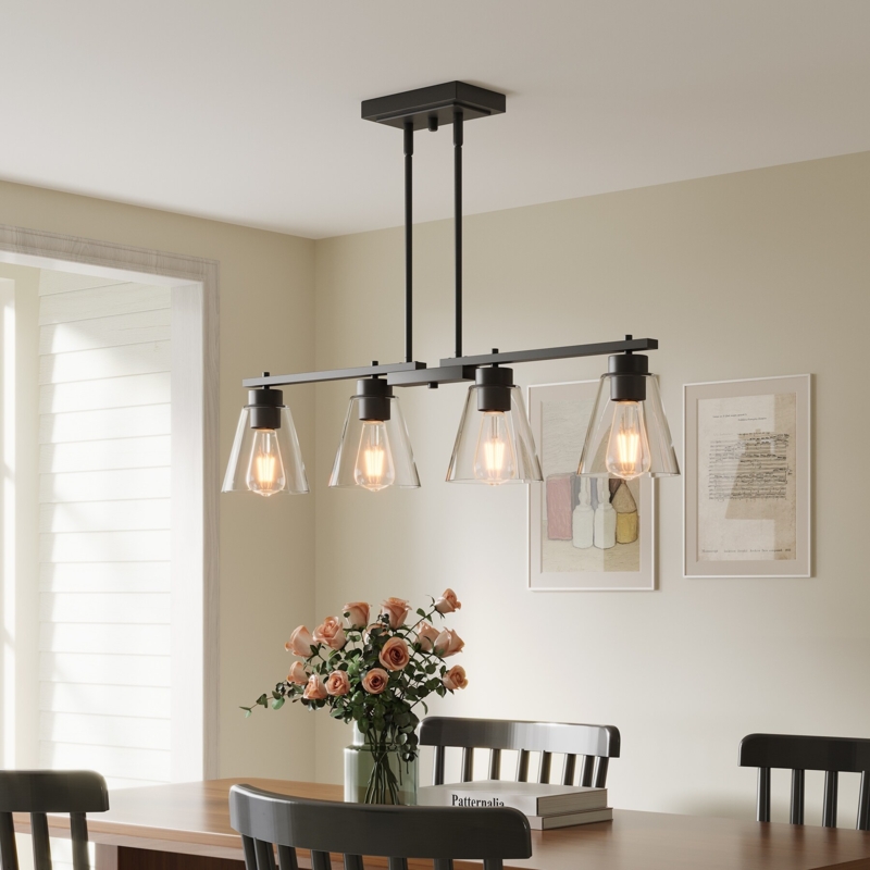 Island Pendant Matte Black Linear Frame Clear Glass Cylindrical Shades