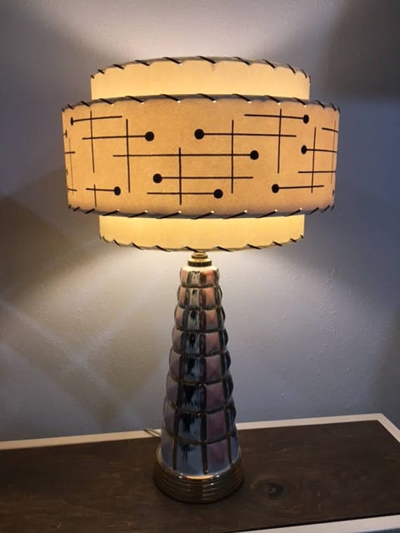 Ivory Fiberglass Drum Shade Matchstick Accents Mid Century Modern