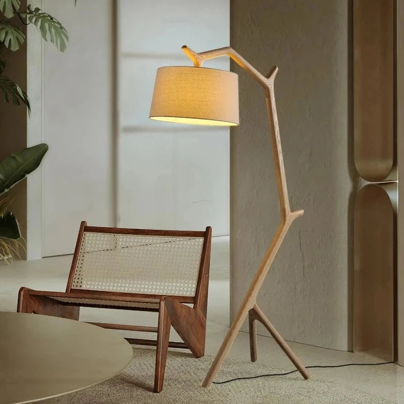 Japandi Tripod Floor Lamp, Natural Wood Base, Integrated Shelf