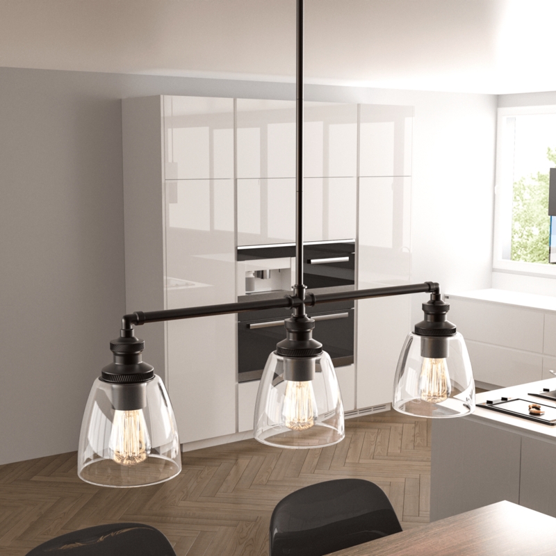 Kitchen Island Pendant Linear Oil Rubbed Bronze with Clear Bell Glass