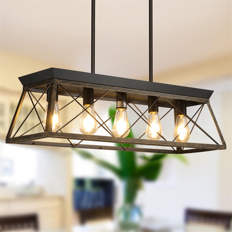 Kitchen Island Pendant Two-Tone Brown Black Linear Rustic 5-Light
