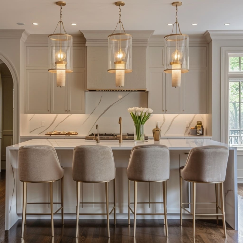 Kitchen Island: Thick Wood Top, Globe Pendant Lights, Black Stools
