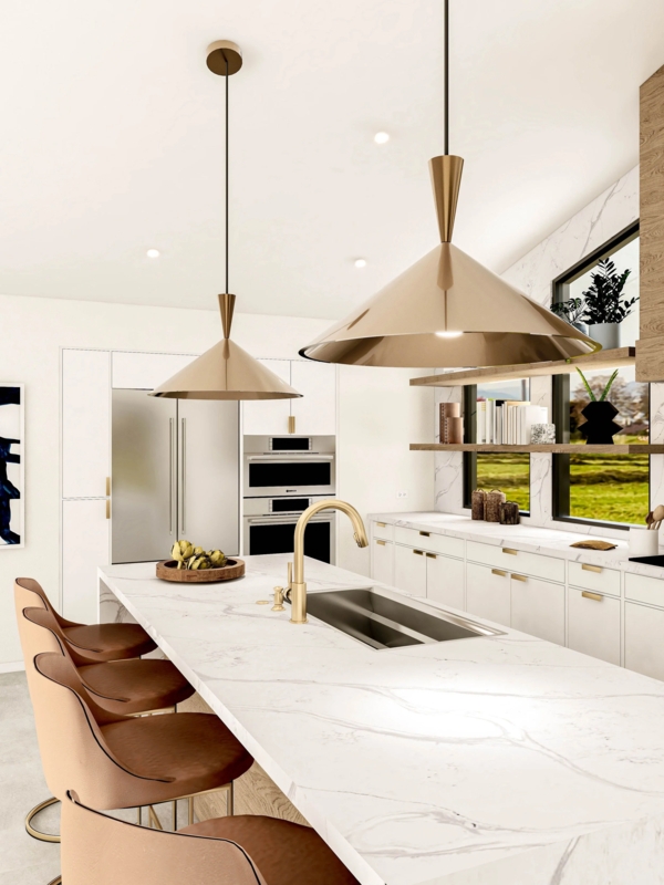 Kitchen Island with Linear Pendant Lighting Mid Century Wood