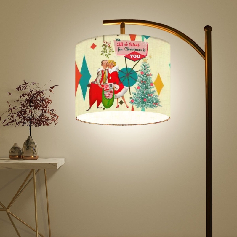 Kitsch 1950s Style Lampshade Christmas Graphics Gold Trim Drum