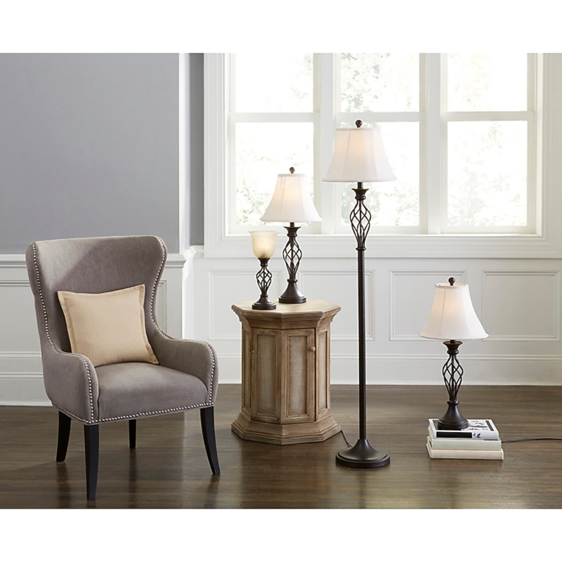 Lamp Set: Four Piece Dark Bronze Turned Base Tapered Drum Shades