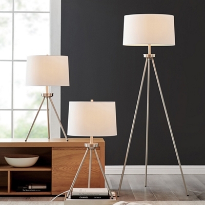 Lamp Set: Mid-Century Modern Black Tripod Base White Drum Shades