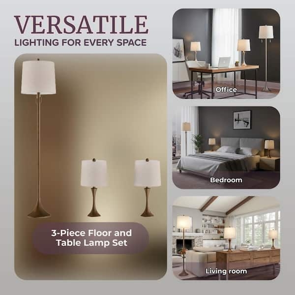 Lamp Set: Mid-Century Modern Bronze Trumpet Base Cream Shades