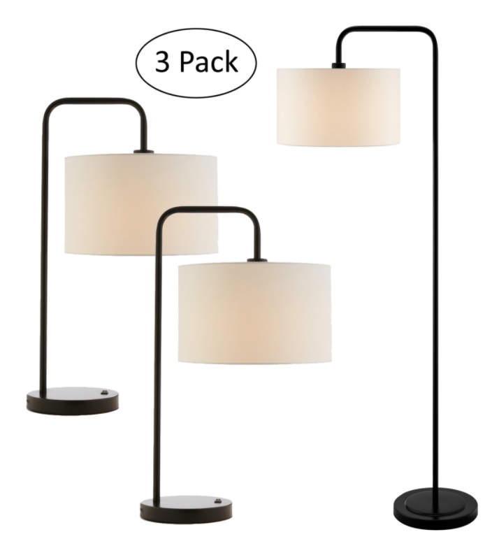Lamp Set: Minimalist Black Tripod Base White Conical Shades