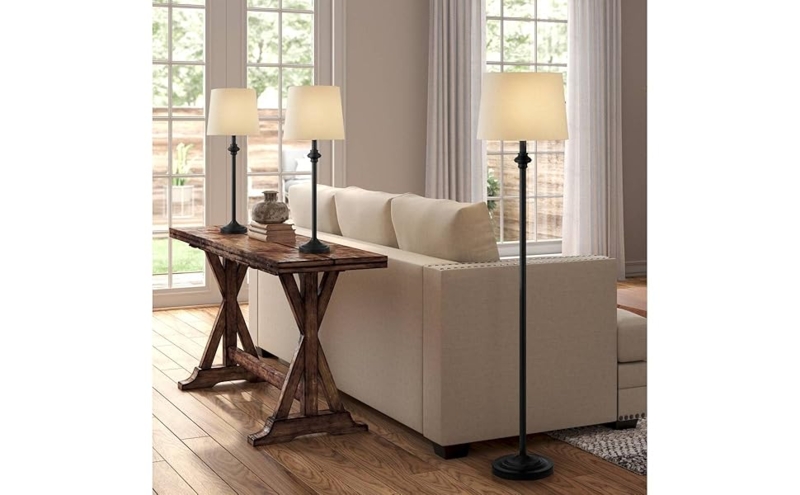 Lamp Set: Traditional Matte Black Turned Base Cream Tapered Shades