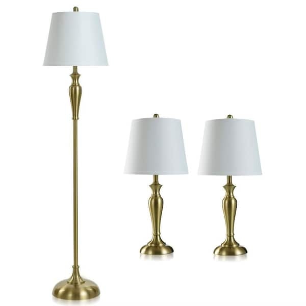 Lamp Set: Transitional Antique Brass Tiered Base Linen-Like Shades