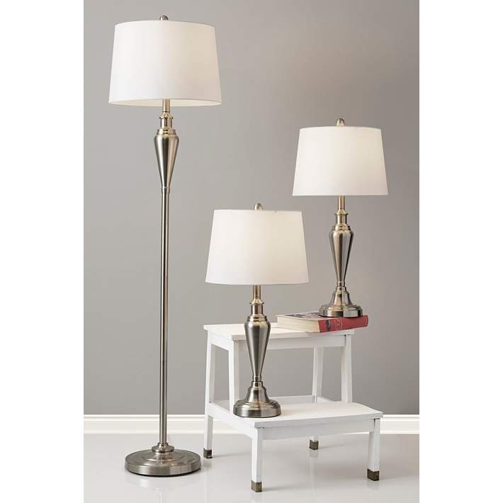 Lamp Set: Transitional Brushed Steel Finish Tapered Drum Shades