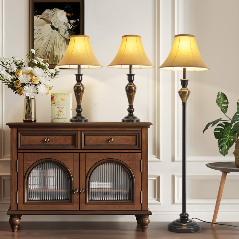 Lamp Set: Vintage Industrial Iron-Like Base Brown Fabric Shades