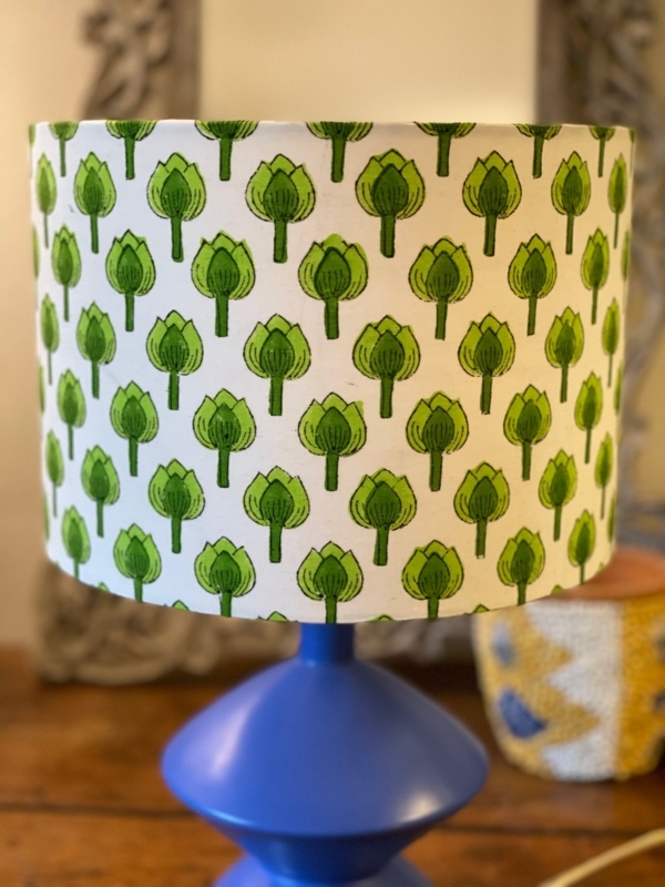 Lamp Shade Apple Green Indian Block Print Drum Silhouette Bohemian Style
