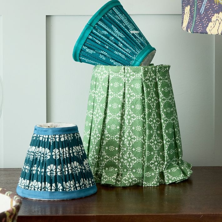 Lamp Shade Blue White Knife Pleats Botanical Print Slipcover Cottagecore