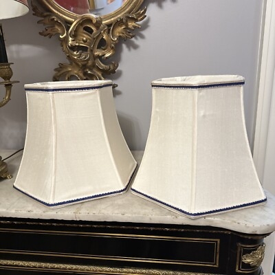Lamp Shade Eggshell Navy Blue Border Bell Shape Piped Edges