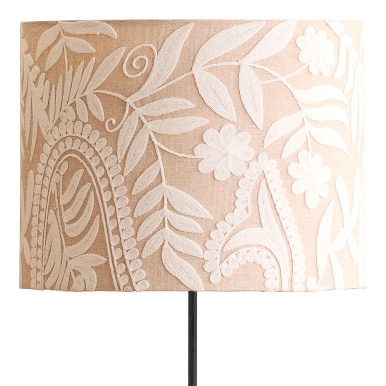 Lamp Shade Floral Embroidery Beige and Ivory Drum Boho Chic