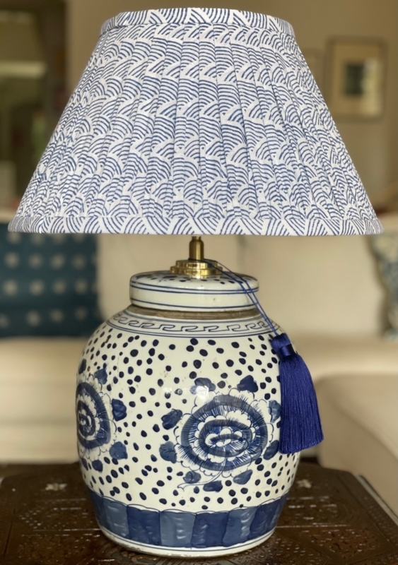 Lamp Shade Indigo Wave Block Print Tapered Coastal Bohemian Style