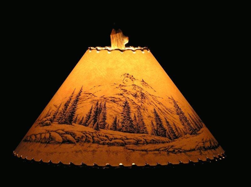 Lamp Shade Mountain Forest Silhouette with Whipstitched Trim, Rustic