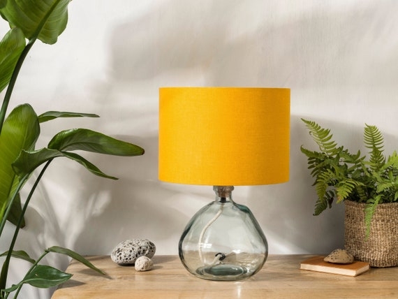 Lamp Shade Mustard Yellow Linen Texture Drum Shape Earthy Tones