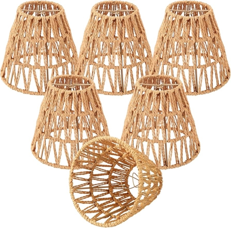 Lamp Shade Natural Rattan Bell Shape Woven Clip On Boho Style