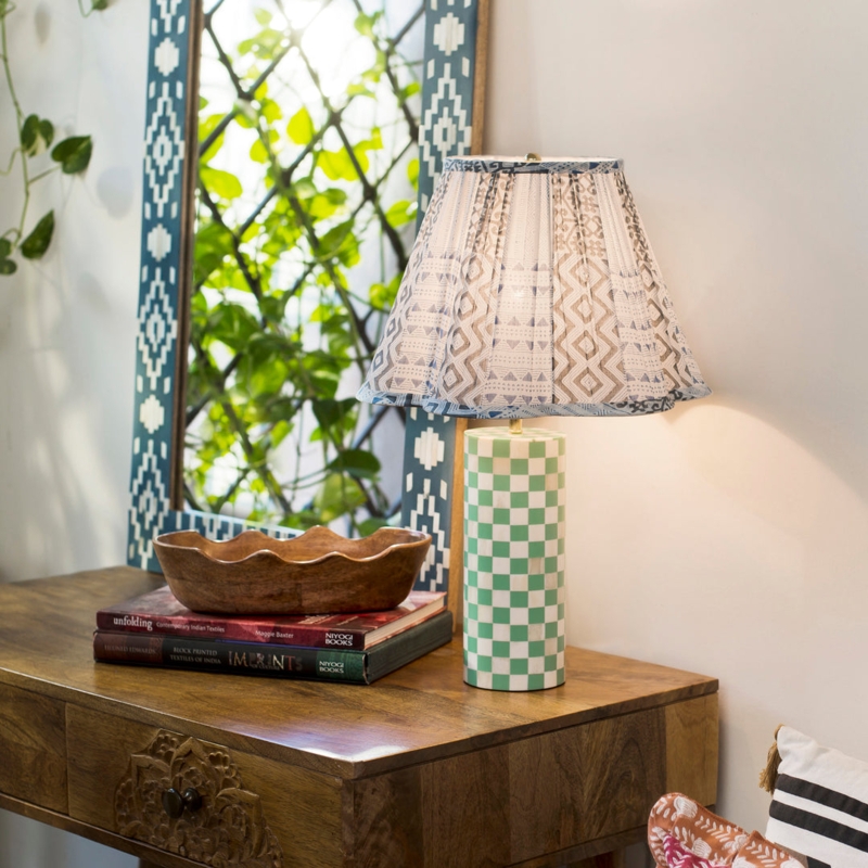 Lamp Shade Set Indigo Wave Block Print Drum Shape Coastal Artisanal