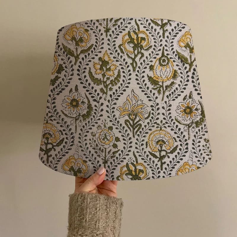 Lamp Shade Set Linen Like Ochre Botanical Block Print Drum Cylindrical