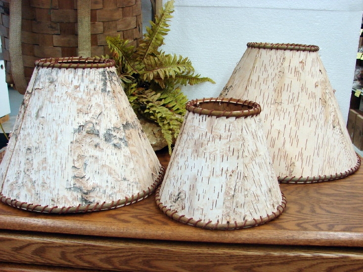 Lamp Shade Set of Three featuring Birch Bark Texture and Whipstitch Trim.