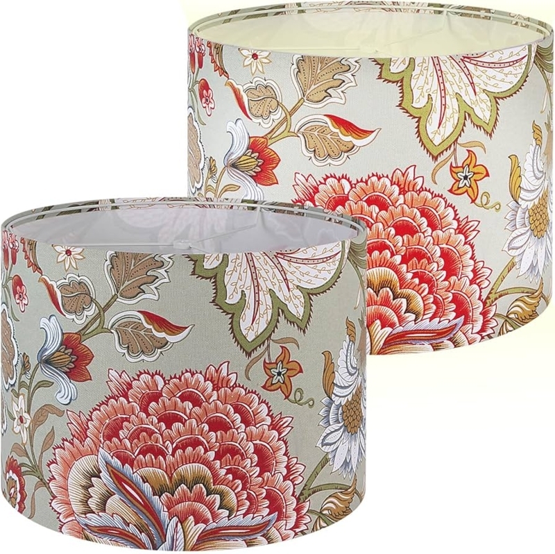 Lamp Shade Set Pink Green Botanical Floral Print Drum Shape Traditional