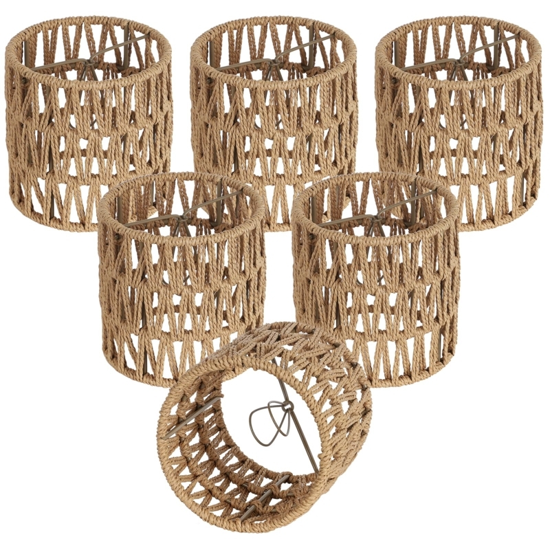 Lamp Shade Set Woven Rattan Cylindrical, Bohemian Clip-On
