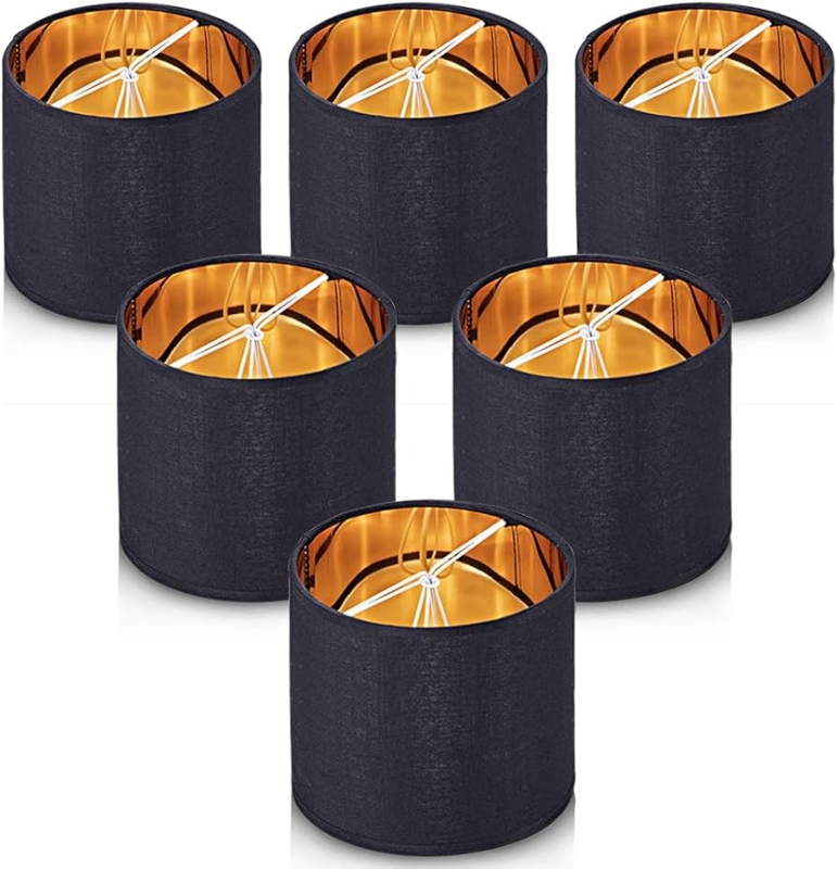 Lamp Shade Small Drum Black with Gold Interior Lining, Modern Glam