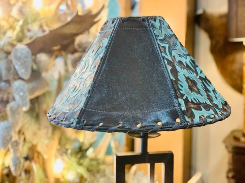 Lamp Shade Turquoise Leather-Like Pyramid with Whipstitch Detailing