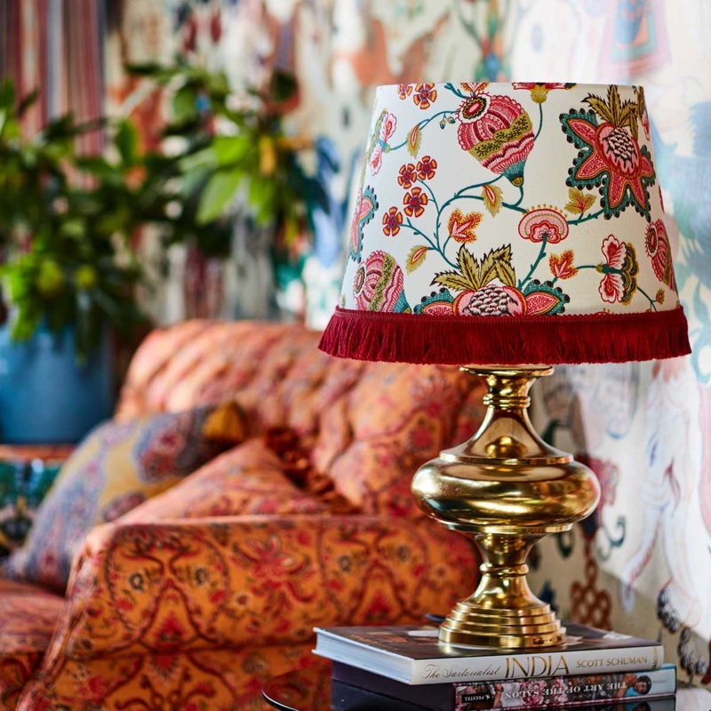 Lampshade: Dark Navy Base, Folk Art Floral Pattern, Embroidered Look