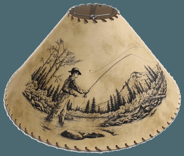 Lampshade Fisherman Silhouette with Whipstitched Trim, Rustic Lodge Style