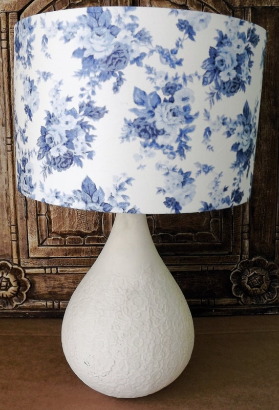 Lampshade: Pom Pom Trim, Blue Rose Pattern, Bell Shape, Shabby Chic Style