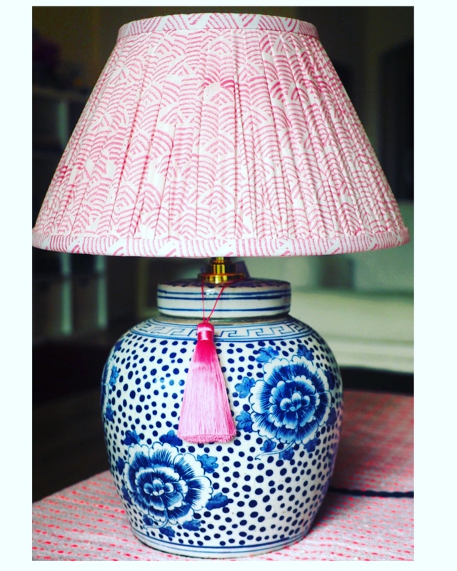 Lampshade Rose Red Wave Block Print Gathered Pleats Empire Cottagecore