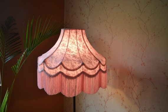 Lampshade with Long Fringe Trim and Beaded Tassels in Blush Pink