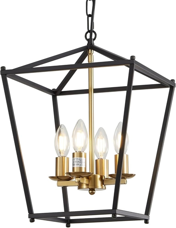 Lantern Chandelier, 4-Light Geometric Cage, Black & Gold