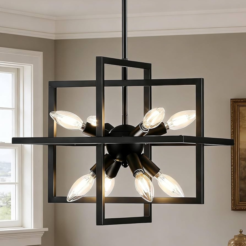 Lantern Chandelier Black Geometric Dining Room Light Two Tier Cage