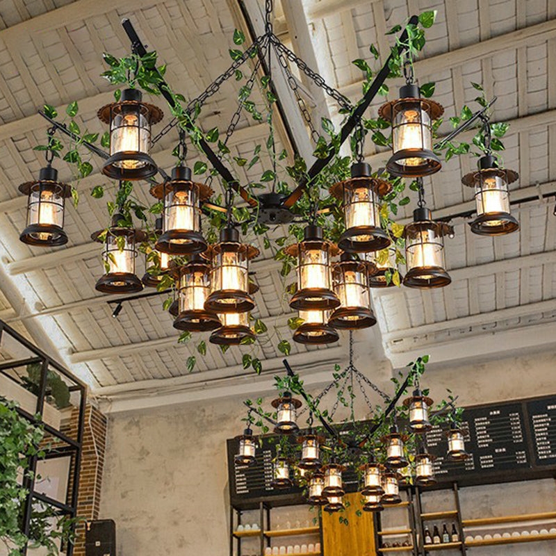 Lantern Chandelier, Black Metal with Glass Panels & Decorative Vines