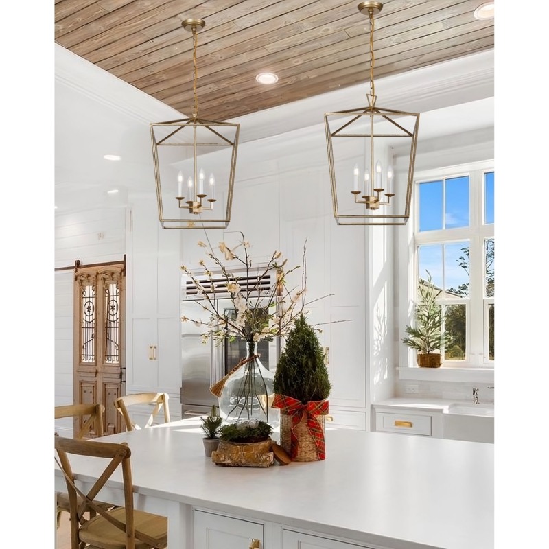 Lantern Chandelier, Brushed Gold Geometric Cage, 4-Light
