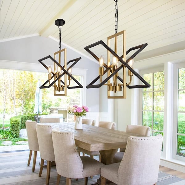 Lantern Chandelier Geometric Open Frame Black and Gold Candelabra