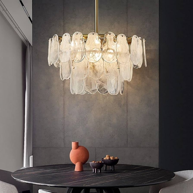 Lantern Chandelier Two Tier Gold Cloud Glass Shades Glam Dining