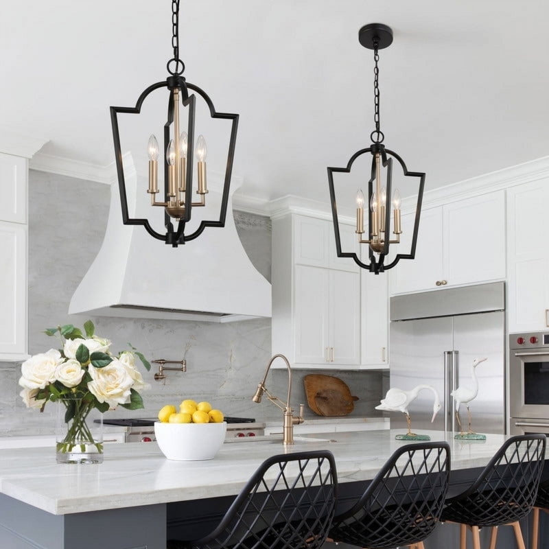 Lantern Chandelier Two Tone Black And Gold Geometric Cage Farmhouse