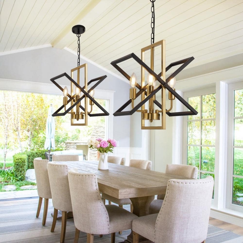 Lantern Chandelier Two-Tone Black Gold Candle Style Farmhouse Light