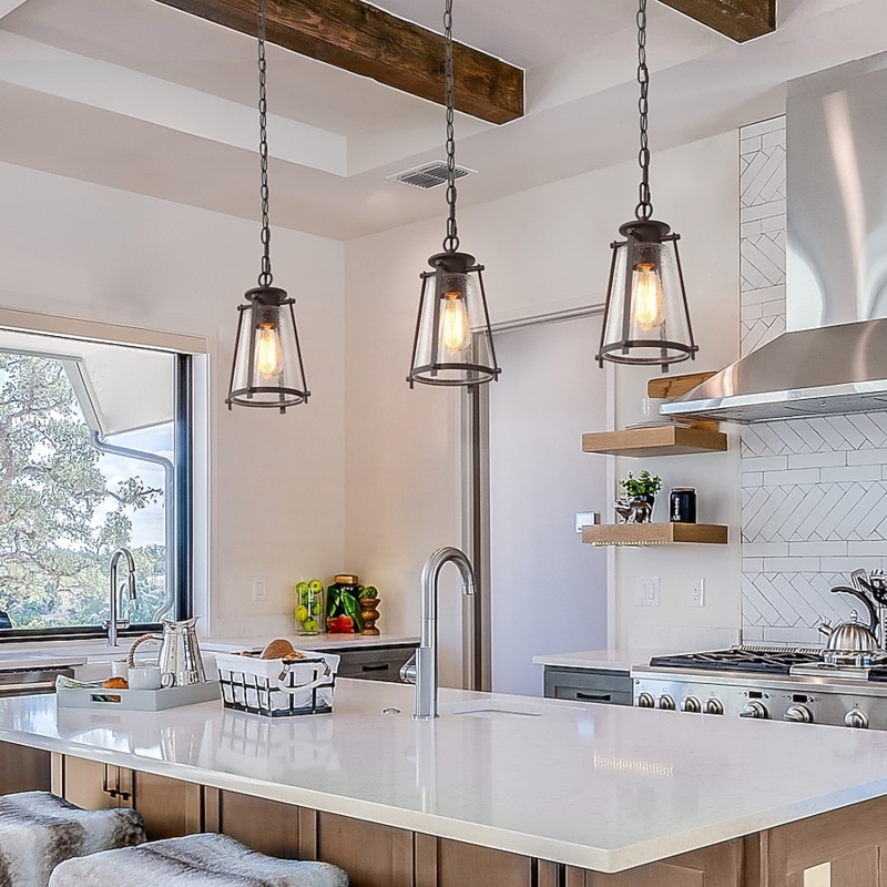 Lantern Pendant Light Geometric Bronze Frame Seeded Glass