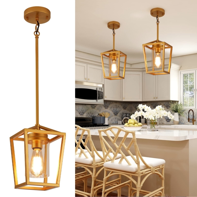 Lantern Pendant Light Geometric Cage Inner Glass Cylinder Polished Foyer