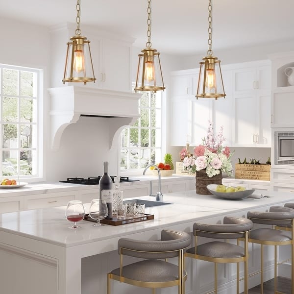 Lantern Pendant Light Polished Gold Clear Glass Panes Geometric Kitchen