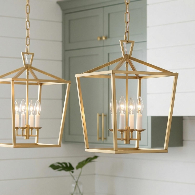Lantern Pendant Light Satin Brass Open Frame Candelabra Style